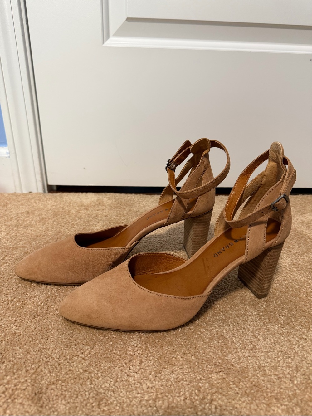 Lucky Brand Tan Suede Pointed-Toe Ankle-Strap Block Heels